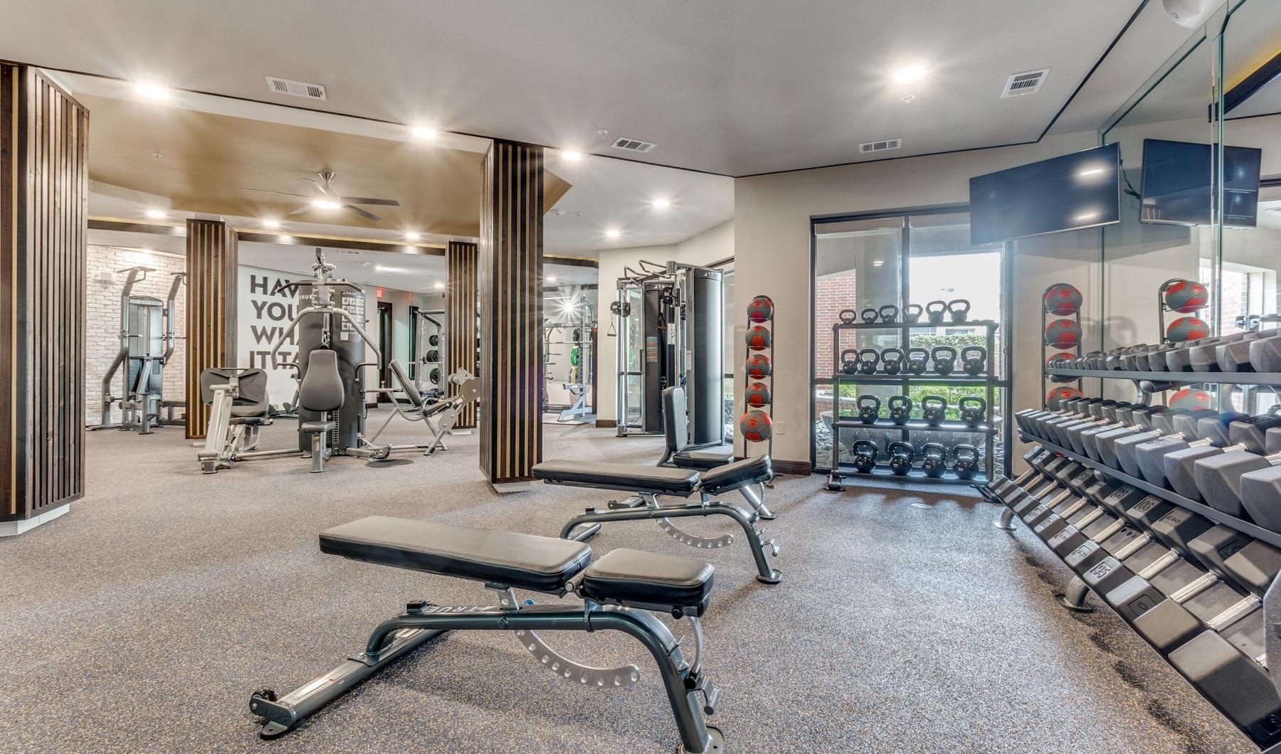 Get your workout on a gym with exercise equipment